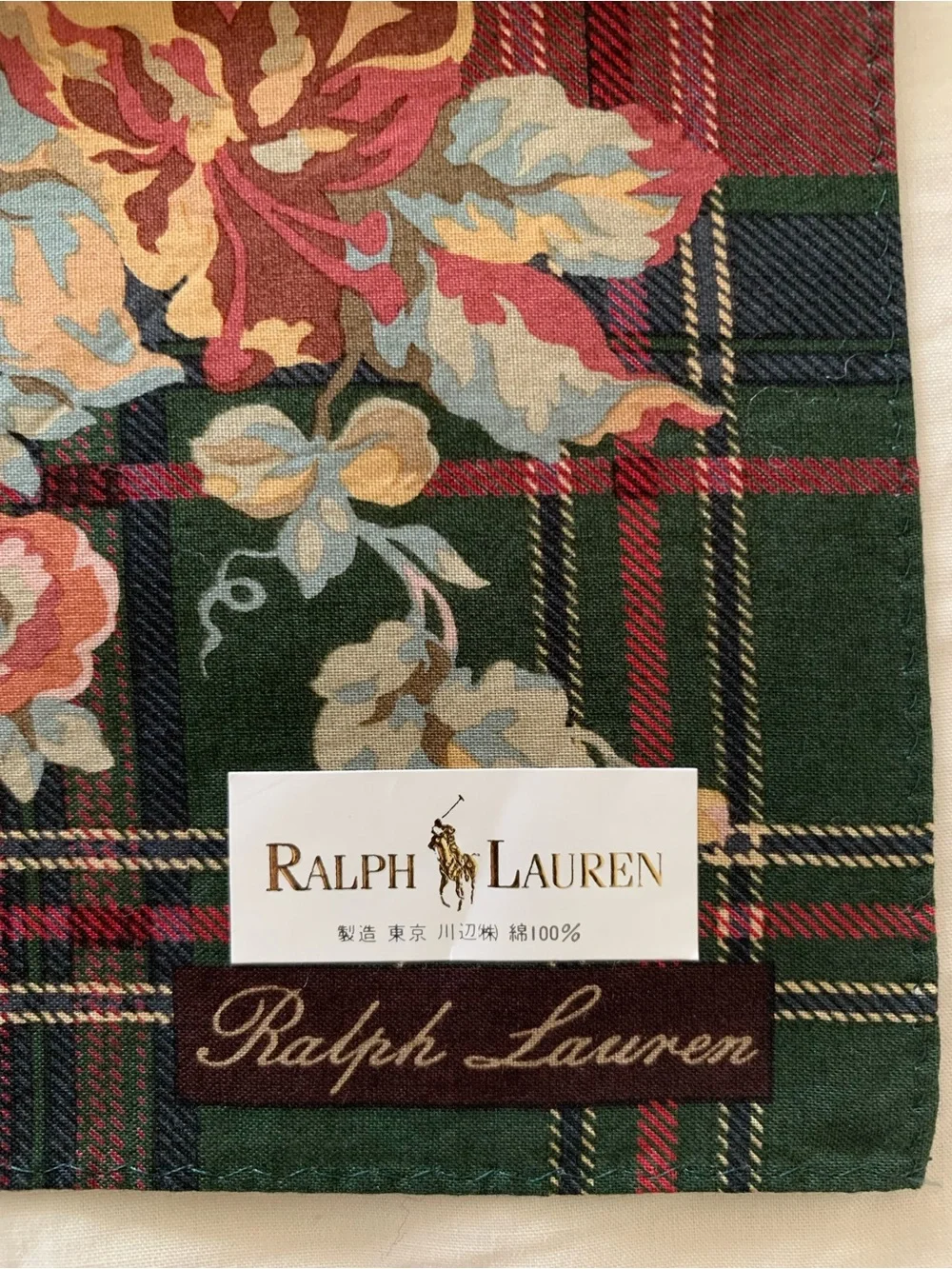 NWT Ralph Lauren Floral Plaid Cotton Handkerchief Scarf Made in Japan 18.5”
